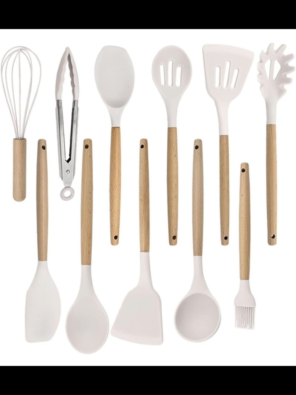Wood Handle White Silicone Kitchen Utensil Set - 11 Piece
